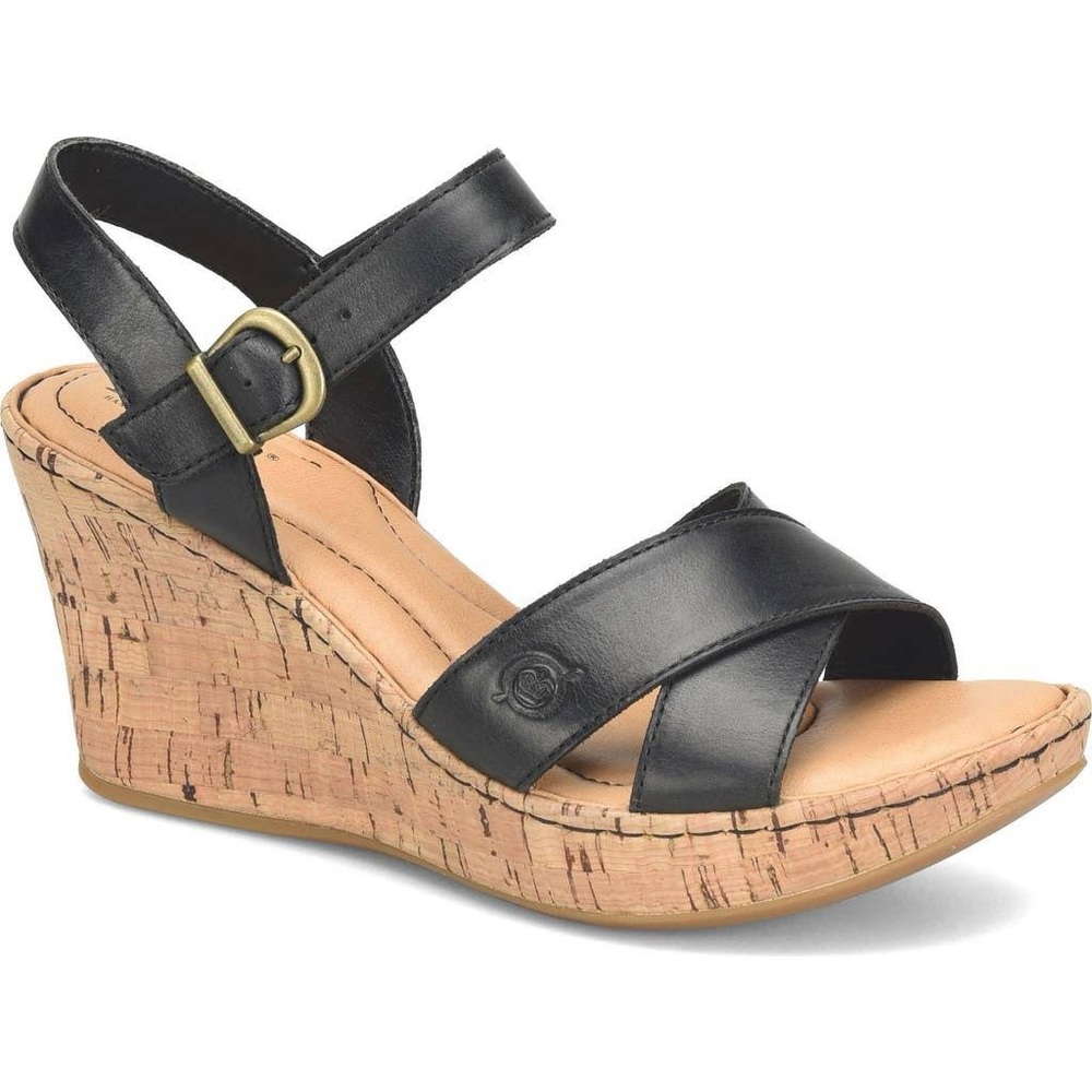 Born Black Leather Cork Wedge Sandals